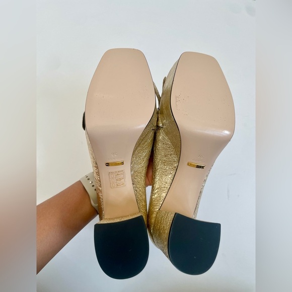 Gucci Metallic Gold Marmont GG Platform Platino Fringe Logo Block Heel pumps 38 - Picture 7 of 13